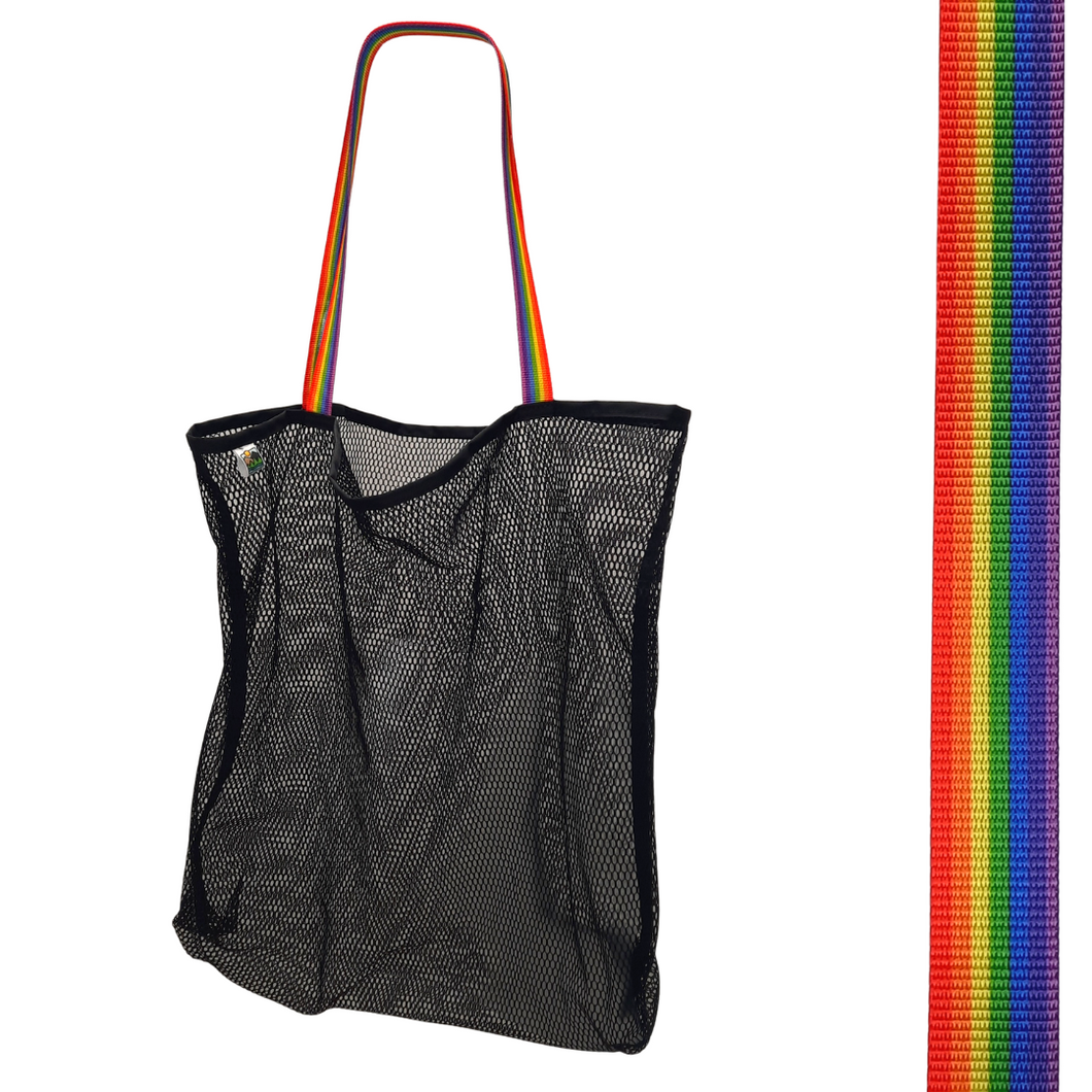 Black mesh bag with choice of colorful handles Generous size: 23