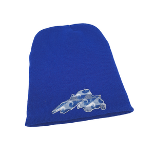 This beanie will keep you warm while showing off your love for the big lake. 8" tall with no cuff Super stretchy knit One size fits most Great for kids too Embroidered in our Washburn, Wisconsin sewing studio Materials: 100% acrylic