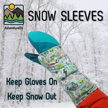 Load image into Gallery viewer, Snow Sleeves stay put with a handy thumb loop and are made from stretchy, wicking material that easily to fit over gloves and jacket sleeves to keep snow off wrists.