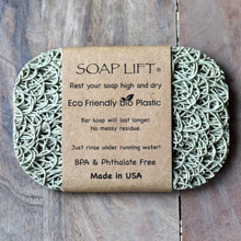 Load image into Gallery viewer, This eco-friendly, USA Made soap lift gives your soap an attractive look while adding longevity.  Helps your bar of soap last longer and not stick to the soap dish or shower shelf