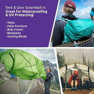 Spray on waterproofing and UV blocker for tents and gear.  Adds water repellency, increases fabric strength, and protects against UV deterioration.  Great for synthetic tents, awnings, marquees, rucksacks, panniers, camera bags, and backpacks. Waterproofs and maintains breathability. Easy application instructions on package. Eco-friendly garment and gear care.