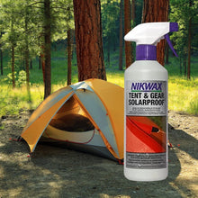 Load image into Gallery viewer, Spray on waterproofing and UV blocker for tents and gear.  Adds water repellency, increases fabric strength, and protects against UV deterioration.  Great for synthetic tents, awnings, marquees, rucksacks, panniers, camera bags, and backpacks. Waterproofs and maintains breathability. Easy application instructions on package. Eco-friendly garment and gear care.