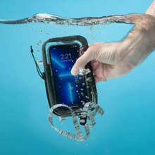 Load image into Gallery viewer, An award winning waterproof phone case.  The RunOff waterproof phone case revolutionizes waterproof protection. This unique soft case protects phones from water, dust, and sand with a slim design that fits in pockets or can be attached to the included lanyard. Clear, touchscreen friendly material allows use of apps and front/back camera.
