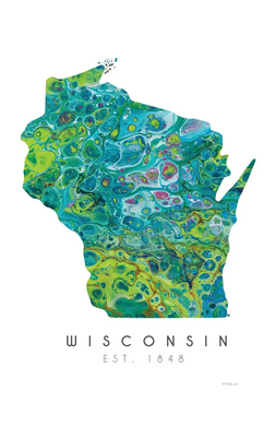 Show your Wisconsin pride with this unique greeting Card! Perfect for any occasion, it's made right here in Wisconsin and features gorgeous green themed colorway by a local Bayfield artist, KP gallery's signature hydro drip style.