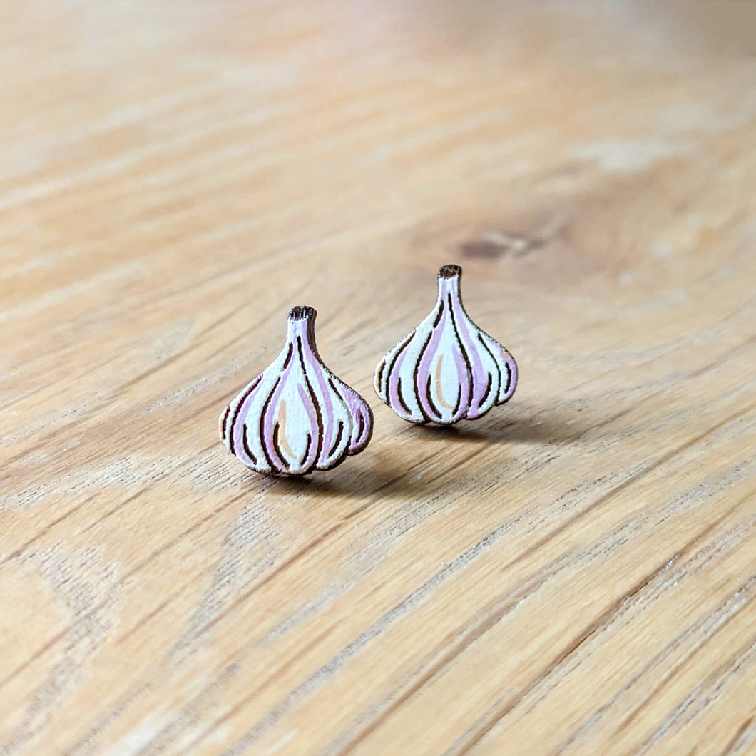 Garlic Veggie Hand-Painted Wood Stud Earrings