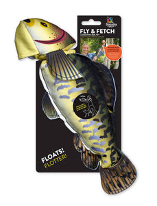 The Fly & Fetch Fish will be your dog’s favorite new friend!  Built-in bungee cord to launch up to 100 feet Floats For use as a fetch toy-not designed as a chew toy Material: 100% polyester