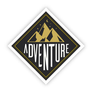 Adventure Mountains Sticker - 3" x 3" sticker with mountains, moon, stars, and Adventure text - durable, waterproof sticker.
