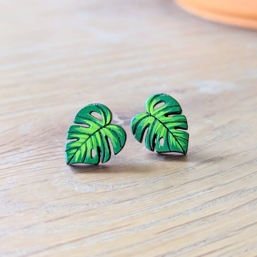 Mini Monstera Leaf Hand-Painted Boho Wood Stud Earrings