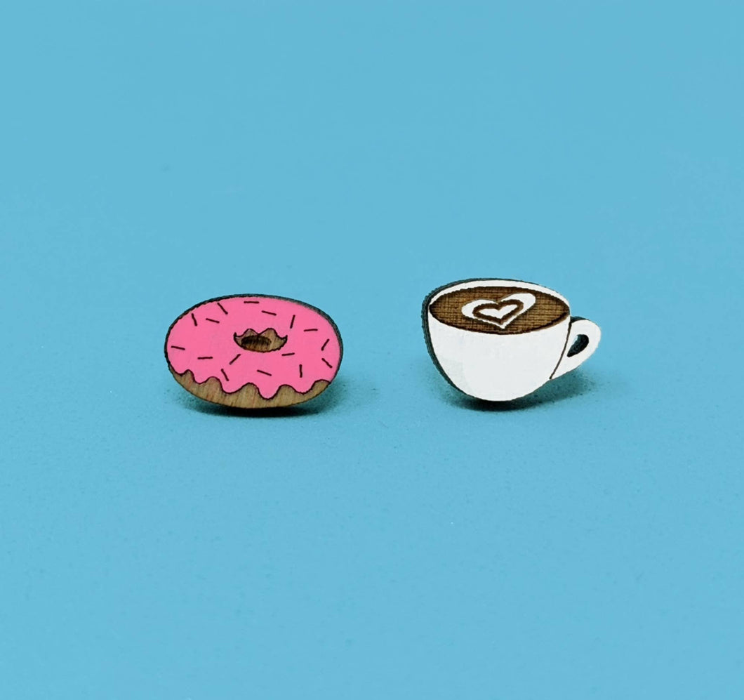 Coffee & Donut Mismatch Wood Earrings
