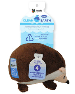 Clean Earth plush toys are made from 100% recycled plastic water bottles.  Measures 8" x 7" x 3" Floats Built-in squeaker Durable construction plush Recyclable Materials: 100% RPET (Recycled Polyester/PET Plastic)